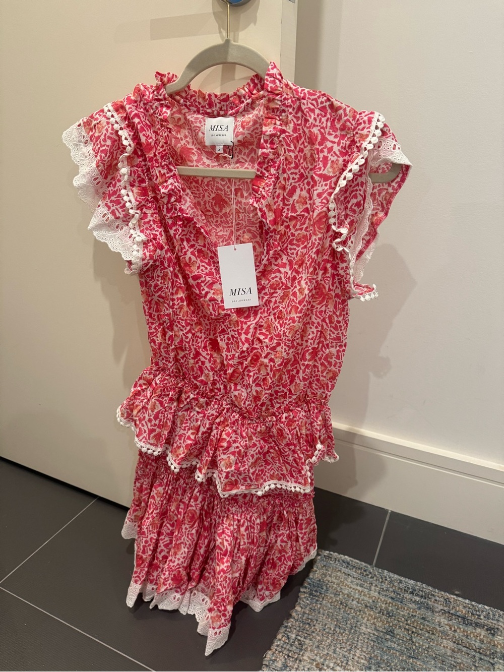 Misa Los Angeles Pink and White Ruffle Mini Dress